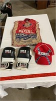 Boxing gloves, hats, rice bag.