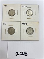 4 Roosevelt silver dimes 1956 1956D 1957 1957D