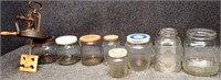 (8) Vintage Glass Jars & Butter Churn Top