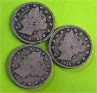 (3) V nickels 1910