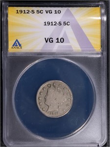 1912-S 5C Liberty Nickel ANACS VG10 Key date!