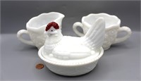 Milk Glass Creamer, Sugar & Rooster Candy Dish
