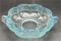 Vintage Blue Glass Bowl - handles-pedestal bottom