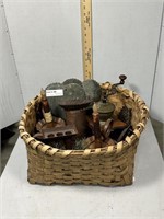 Split Oak Basket with candle molds, coffee grinder