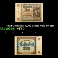1922 Germany 5,000 Mark Note P# 81D Grades vf++