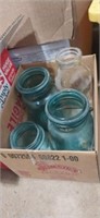 3 blue ball Mason  jars and milk bottle