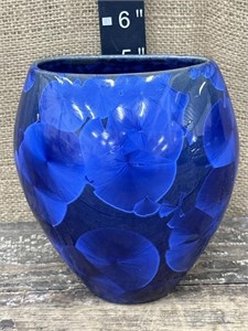 Cobalt blue crystalline pottery vase - signed
