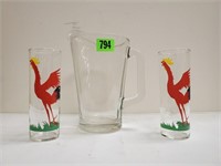 Beverage pitcher, vintage drinking glasses