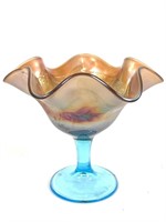 Ice Blue Compote Carnival Glass, Peacock in Garden