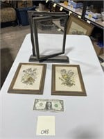 Antique Swivel Frame, 2 Floral Prints in Frame