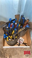 Box of assorted screwdrivers, pliers,