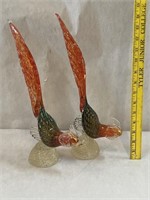 Pair Vintage Art Glass Hand Blown Roosters