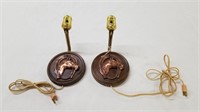 2 wood and copper matching horse sconces