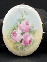 C clasp. Old Porcelain flower roses brooch.
