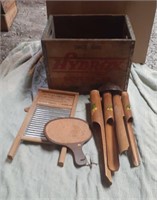 Wooden crate, Washboard, wooden windchime