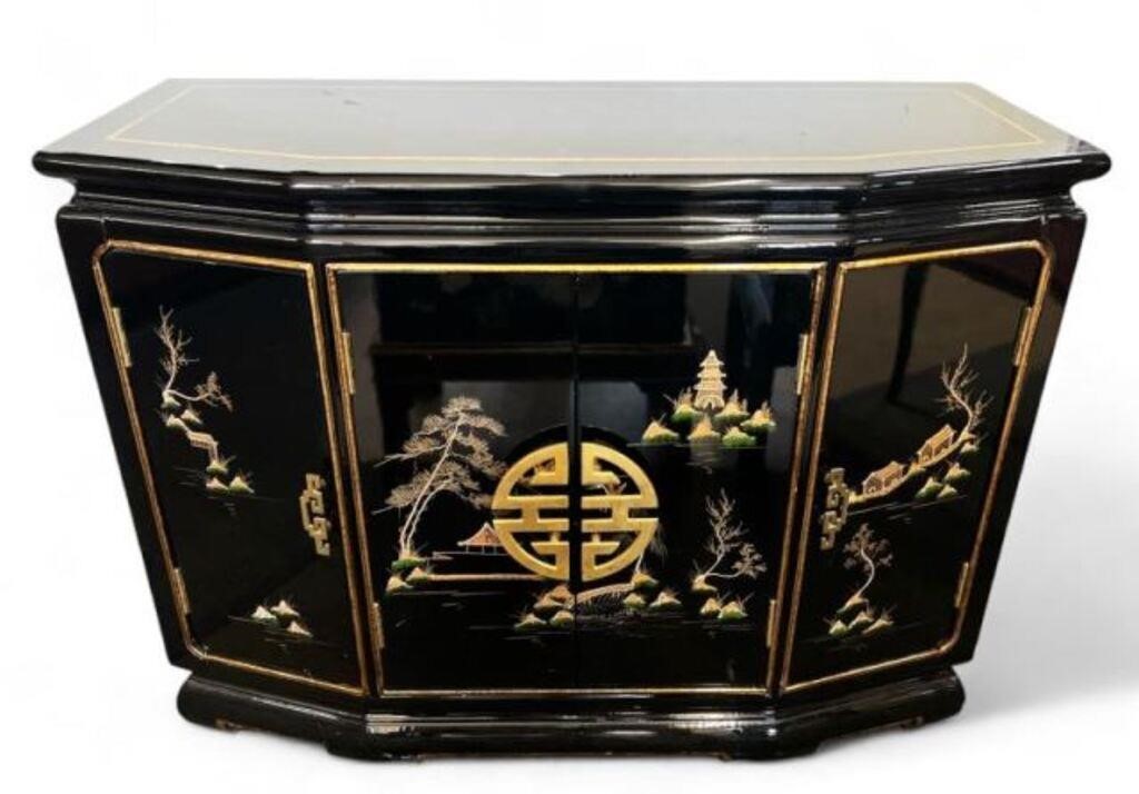 Black & Gold Asian Style Lacquered Cabinet.