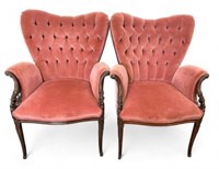 Pair of Carved & Upholstered Sweetheart Chairs.