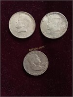 3- 90% Silver Halves (2- 1964, 1- 1963)