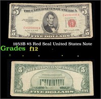 1953B $5 Red Seal United States Note Grades f, fin