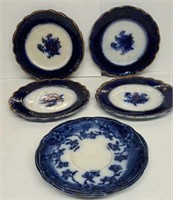(4) Flow Blue BB Plates 1 Saucer