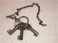 Three vintage keys with chain