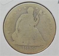 1858 O SEATED HALF DOLLAR AG