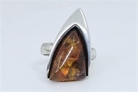 Modernist Sterling Silver Amber Ring