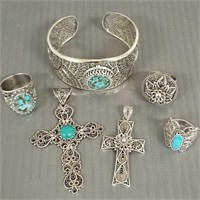 6 pieces of sterling filigree jewelry - some set