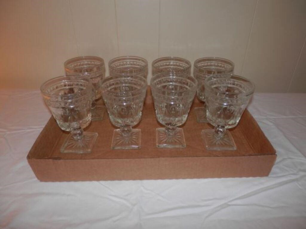 Group of 8 Stemmed Clear Water glasses