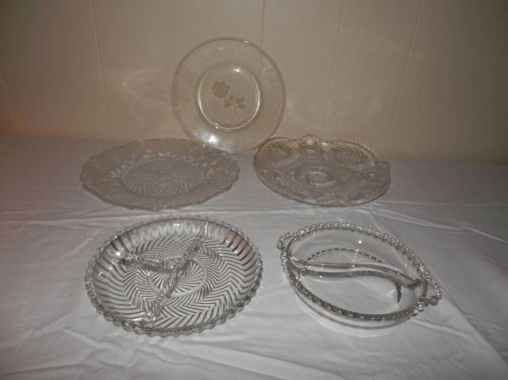 Group of 5-Clear Glass plates-some divided