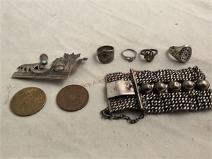 Sterling silver pin & bracelet, ring (marked