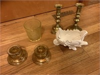 Vaseline glass, brass candlesticks, miscellaneous