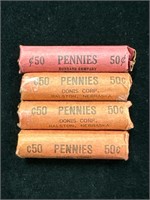 Lot of Four Unsearched Rolls of Wheat Pennies