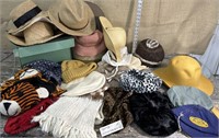 Basket lot of Hats - wool, floppy sun hats, straw
