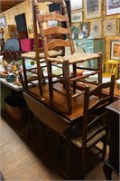 1940's Drop Leaf Table & 4 Rush Bottom Chairs