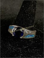 925 Sterling ring with opal & blue stone size 8