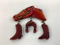 Bakelite horse brooch with cowboy boots &