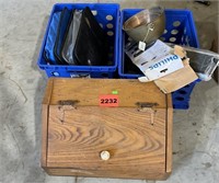 2 Plastic Crates & Contents, Wood Bread Box