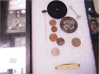 Foreign coins, pocket knife, University of