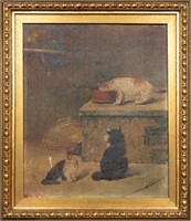 19th Century Folk Art Cat Oil Signed illegibly