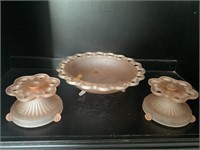 Frosted pink open lace bowl & candlestick holders