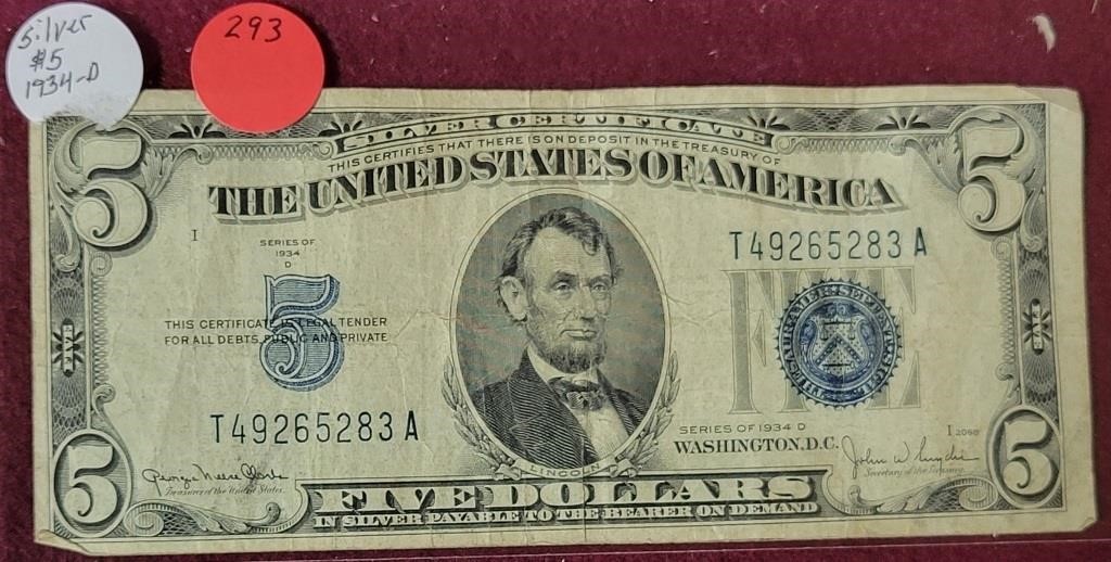 1934-D U.S. $5 SILVER CERTIFICATE