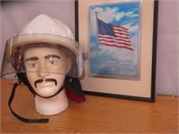 Nice Old Glory Framed Picture & Firemens Helmet