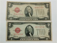 OF) Two 1928 D $2 Red Seal notes
