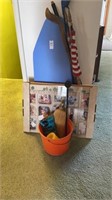 Mini ironing board, flags, picture frame, bucket,