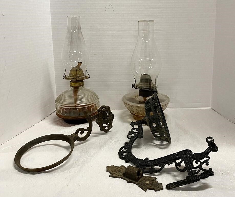 Two Oil Lamps with two Wall Mount Brackets