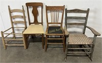 (3) Vintage Wooden Chairs & Woven Rocking Chair