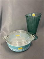Art Glass Vase with Pyrex Serving Dish