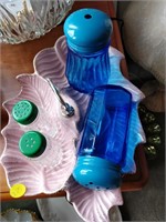 blue glass shakers ( made in japan )  , tray etc