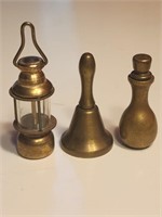 Three Miniature Brass Items Vase, Bell, Lantern